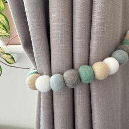 Neutral Mint Grey Felt Ball Curtain Tie Backs - Pom Hold Custom Nursery Decor Baby Gift Colourful Pull - thumbnail 2