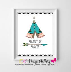 Tribal Boho Print, Wall Decor Adventure Awaits, Teepee Indian Art - Instant Download 8x10 - thumbnail 1