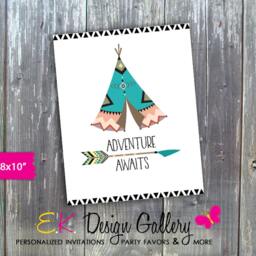 Tribal Boho Print, Wall Decor Adventure Awaits, Teepee Indian Art - Instant Download 8x10 - thumbnail 2