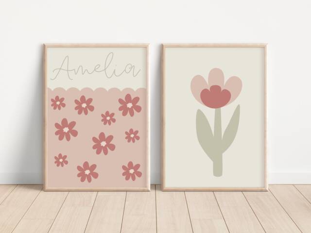 Set Of 2 Personalised Name Flower Prints For Girls Bedroom, Nursery Or Playroom - Prints Only - image 1