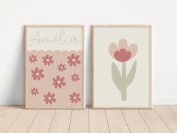 Set Of 2 Personalised Name Flower Prints For Girls Bedroom, Nursery Or Playroom - Prints Only - thumbnail 1