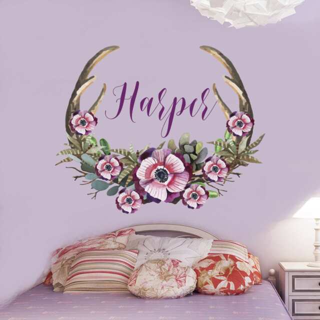 Antlers Floral Name Wall Decal - Rustic Nursery Decor Ma223 - image 1