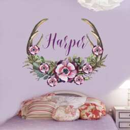 Antlers Floral Name Wall Decal - Rustic Nursery Decor Ma223 - thumbnail 1