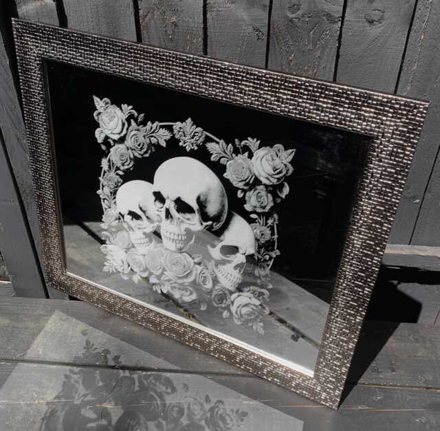 Deluxe Skull & Rose Engraved Mirror Etched Wall Decor Personalised Silver Goth Tattoo, Gothic, Home, Art, Large, Xl Mosaic Floral Flowers - image 1