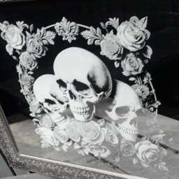 Deluxe Skull & Rose Engraved Mirror Etched Wall Decor Personalised Silver Goth Tattoo, Gothic, Home, Art, Large, Xl Mosaic Floral Flowers - thumbnail 3