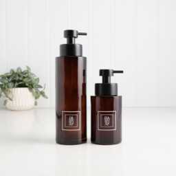 Amber Soap Dispenser With Custom White Square Label Refillable Pump Bottle 250Ml Or 500Ml Gift For Bathroom Kitchen Ensuite Cloakroom