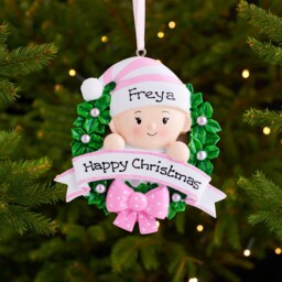 Personalised Christmas Tree Decoration Ornament - Baby in A Wreath - thumbnail 2