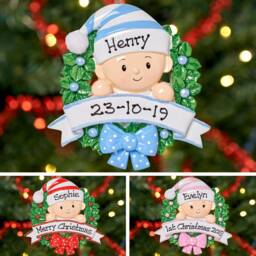 Personalised Christmas Tree Decoration Ornament - Baby in A Wreath