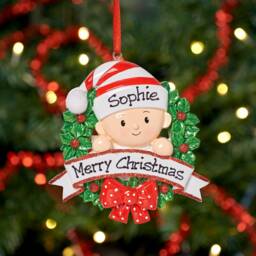 Personalised Christmas Tree Decoration Ornament - Baby in A Wreath - thumbnail 4