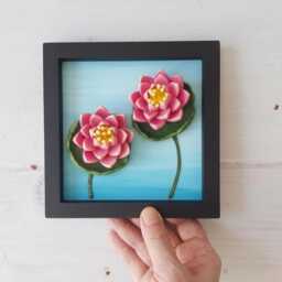 3D Ceramic Lotus Flower Wall Art, Framed Clay Floral Sculpture 6x6 - thumbnail 1