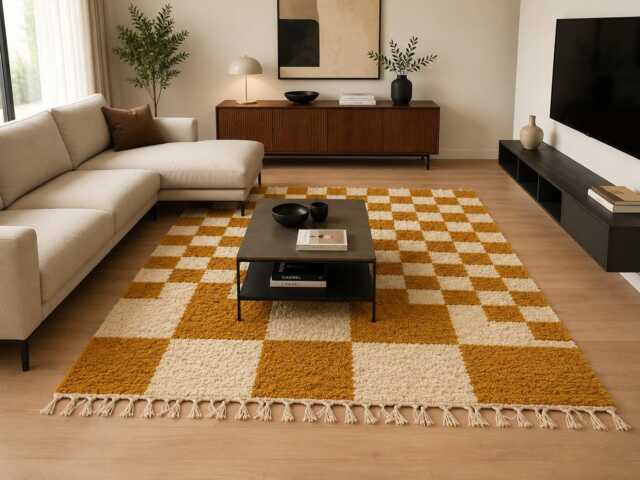 Custom Checkerboard Rug, Handmade Moroccan Wool Modern Checkered Area Berber Rug, Mustard Yellow - image 1