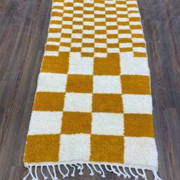 Custom Checkerboard Rug, Handmade Moroccan Wool Modern Checkered Area Berber Rug, Mustard Yellow - thumbnail 2