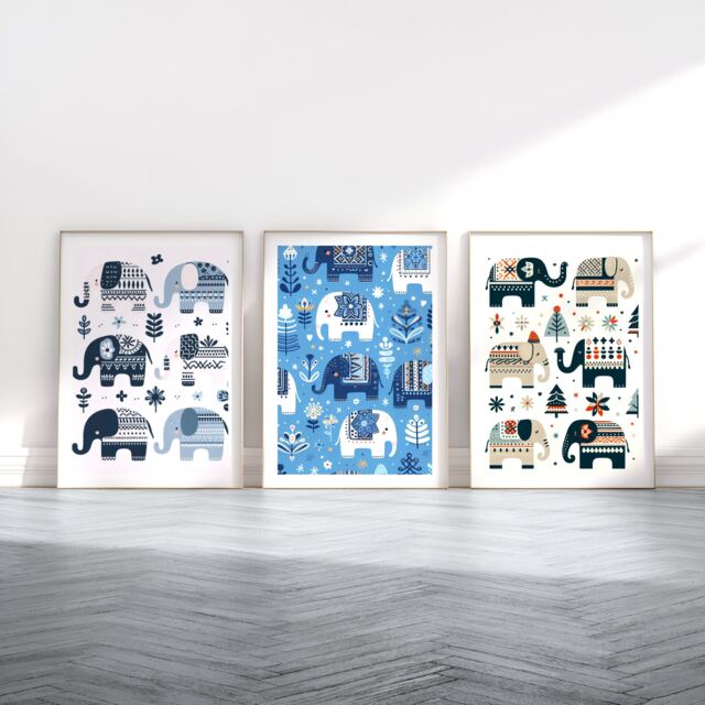 Elephant Print Set - 3 Scandinavian Style Artwork - Retro Wall Art Scandanavian Design Scandi Animal Pattern Decor Nordic Home Poster - image 1