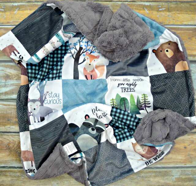 Woodland Nursery Baby Blanket - Faux Quilt Minky Designer Boy Blankets Gift - image 1