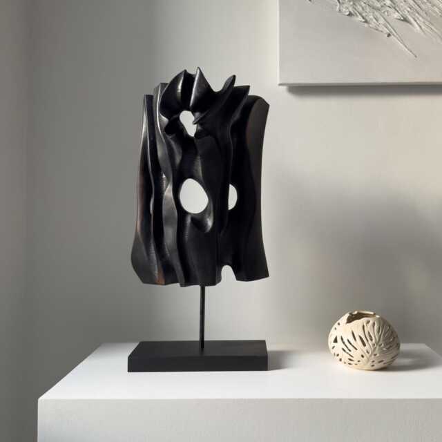Charred Apple Wood Sculpture - Hand Carved Abstract Art Japandi Decor Black Essence - image 1