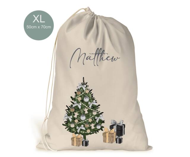 Personalised Xl Drawstring Christmas Sack/stocking.. Black Gold & Silver.. Boys Xmas Present Sack Gift Bag.. Daddy, Brother, Son - image 1