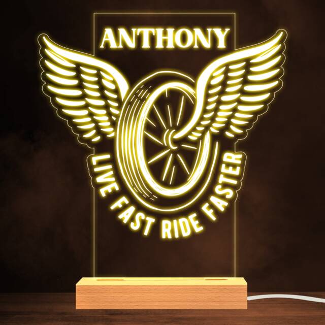 Winged Bike Wheel Live Fast Ride Faster Biker Personalised Gift Night Light - Bedroom Lamp - image 1
