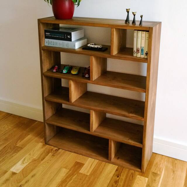 Solid Wood Bookcase Staggered Shelf Low Display Shelving Unit - image 1