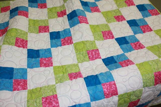 Handmade Modern Baby Girl Quilt Nursery Shower Gift Blanket Bedding Squares & Circles Green Blue White - image 1