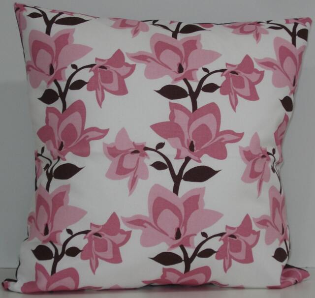 New 18x18 Inch Designer Handmade Pillow Cases in Pink & Brown Magnolia Flowers