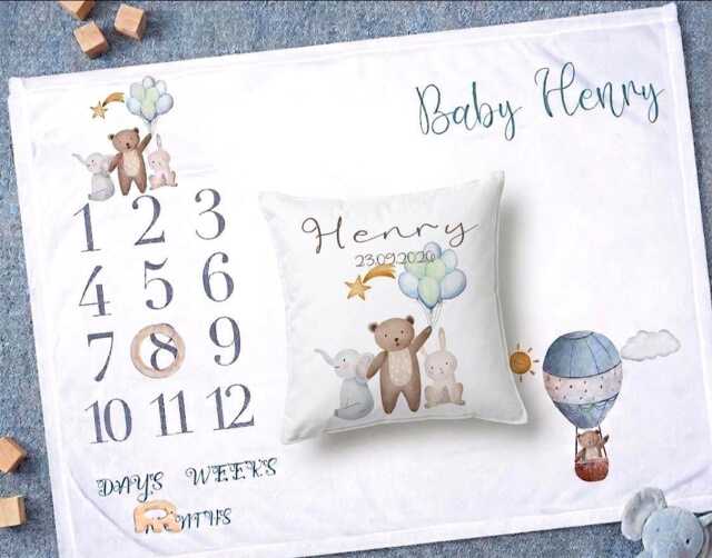 Personalised Bear Milestone Blanket With Wooden Ring Baby Photo Mat, Keepsake Gift - image 1