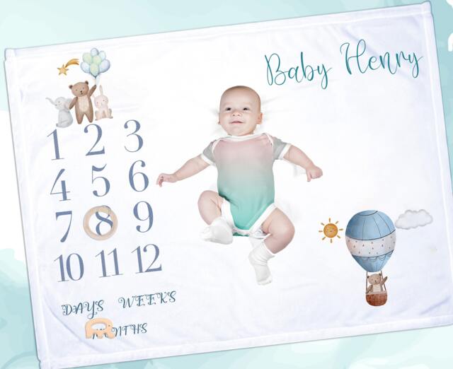 Personalised Bear Milestone Blanket With Wooden Ring Baby Photo Mat, Keepsake Gift - image 1