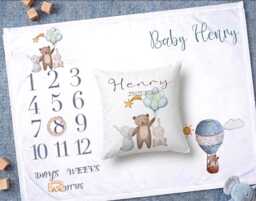 Personalised Bear Milestone Blanket With Wooden Ring Baby Photo Mat, Keepsake Gift