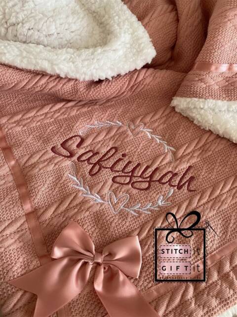 Personalised Baby Cable Knit Blanket -Wreath Name Embroidered Bow Snuggle Personalised Newborn Girls Wrap - image 1