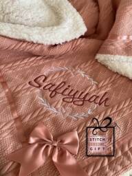 Personalised Baby Cable Knit Blanket -Wreath Name Embroidered Bow Snuggle Personalised Newborn Girls Wrap