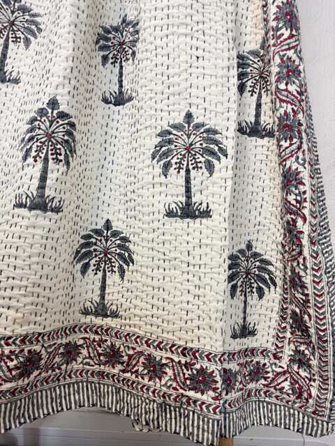 Kantha Stitch Pure Cotton Reversible Bed/Sofa Throw King Size - Handmade Handprinted Country Dohar Winter White Dark Grey Maroon Palm Tree - image 1