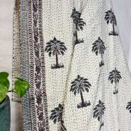 Kantha Stitch Pure Cotton Reversible Bed/Sofa Throw King Size - Handmade Handprinted Country Dohar Winter White Dark Grey Maroon Palm Tree - thumbnail 2