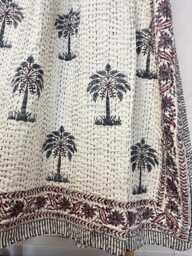 Kantha Stitch Pure Cotton Reversible Bed/Sofa Throw King Size - Handmade Handprinted Country Dohar Winter White Dark Grey Maroon Palm Tree - thumbnail 1