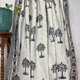 Kantha Stitch Pure Cotton Reversible Bed/Sofa Throw King Size - Handmade Handprinted Country Dohar Winter White Dark Grey Maroon Palm Tree - thumbnail 3