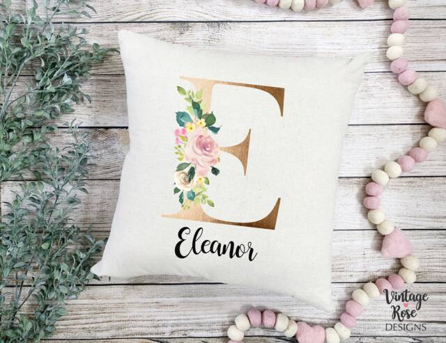 Personalised Name Cushion, Gold Initial Nursery Childs Cushion Cover, Kids Pillow, Pink &