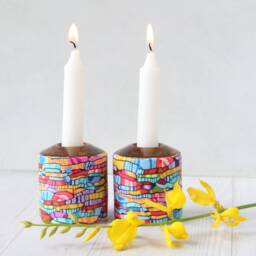 Colorful Shabbat Candlesticks Jewish Candle Holder - Passover Seder Gift Made in Israel - thumbnail 2