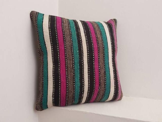 striped Kilim Pillow Cover - Vintage Turkish Wool, Boho Decor - 16x16 - image 1