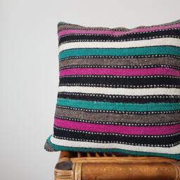striped Kilim Pillow Cover - Vintage Turkish Wool, Boho Decor - 16x16 - thumbnail 4
