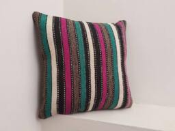 striped Kilim Pillow Cover - Vintage Turkish Wool, Boho Decor - 16x16 - thumbnail 1