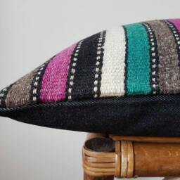 striped Kilim Pillow Cover - Vintage Turkish Wool, Boho Decor - 16x16 - thumbnail 3
