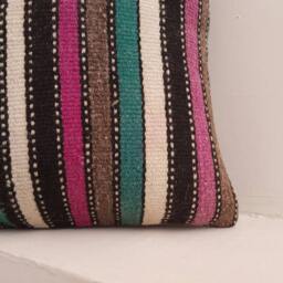 striped Kilim Pillow Cover - Vintage Turkish Wool, Boho Decor - 16x16 - thumbnail 2