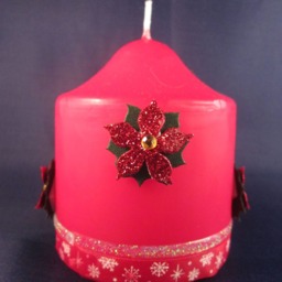 Hand Decorated Christmas Candle, Glitter Poinsettia, Small Pillar - thumbnail 3