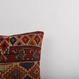 Vintage Turkish Kilim Pillow Cover Handwoven Wool Cushion - 16x16 - thumbnail 3