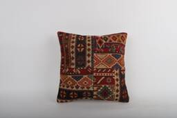 Vintage Turkish Kilim Pillow Cover Handwoven Wool Cushion - 16x16 - thumbnail 1