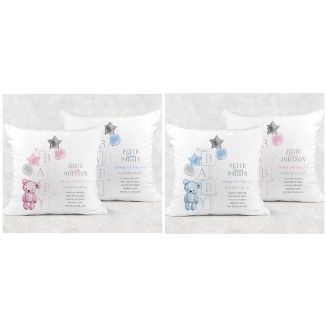 Personalised Velvet Teddy Bear Cushion Birth Stats Ideal Gift For A New Baby Or Nursery - image 1