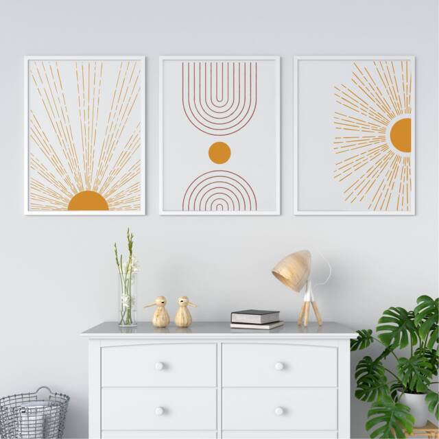 Set Of 3 Boho Prints, Lounge Wall Art, Neutral Sunshine Gallery Wall, Moon Illustration, Abstract, UK A5 A4, A3 - image 1