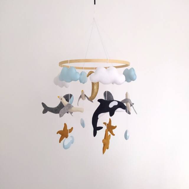 Whale Baby Mobile Handmade Felt Ocean Nursery Decor - image 1