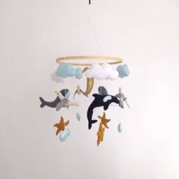 Whale Baby Mobile Handmade Felt Ocean Nursery Decor - thumbnail 1