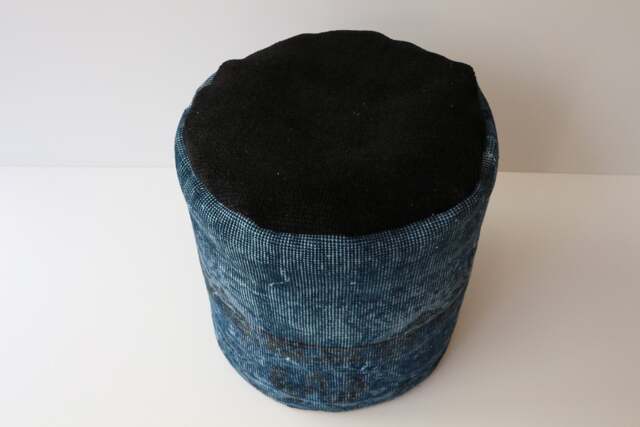 Handmade Turquoise Wool Pouf Ottoman, Vintage Turkish Kilim Cover - image 1