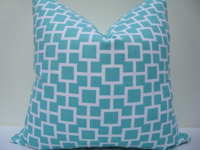 "Robert Allen Aqua Geometric Pillow Cover - Designer Cushion, 19""x19" - image 1