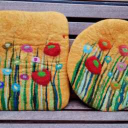 Handfelted Seat Cushion With Flowers & Grass, Yellow - thumbnail 3